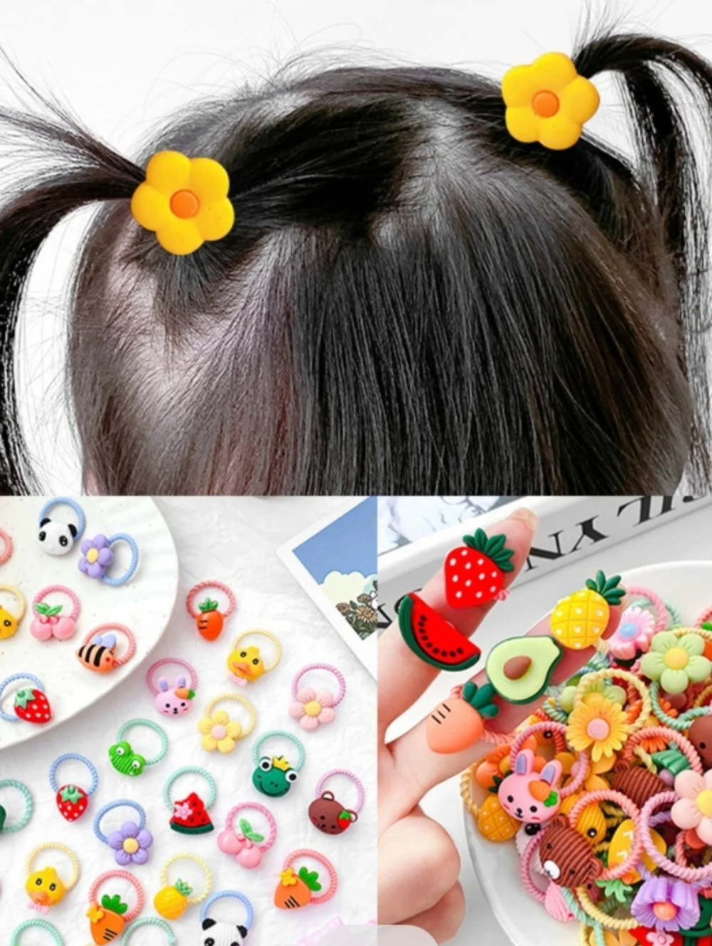 Bundle Of Elastic Hair Bands-Cartoon Fruit-Animal-Flower-Resin Hair Ties NEW